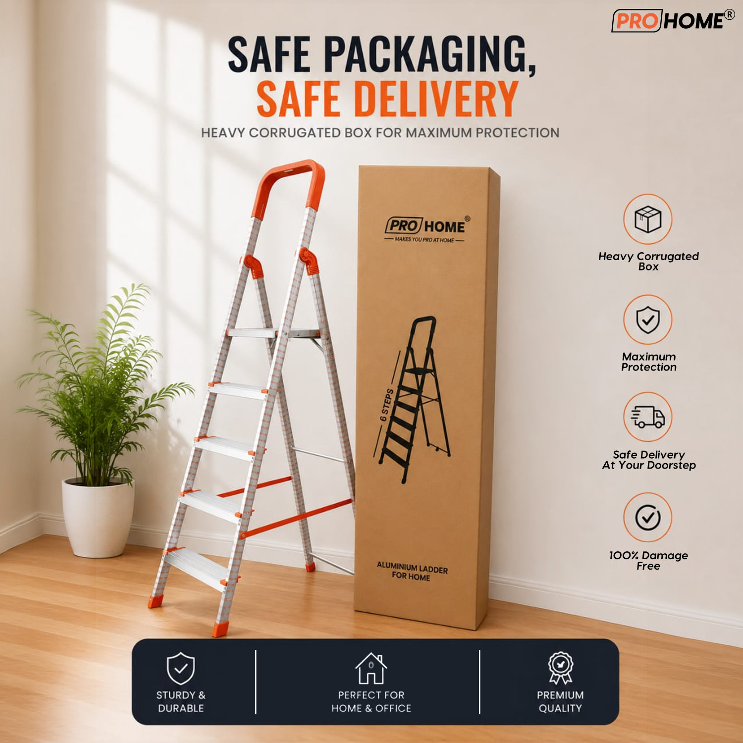 Image of ProHome 6 Steps Premium Heavy Platform Aluminum Ladder for Household with 5 Anti Skid shoes Aluminium Ladder