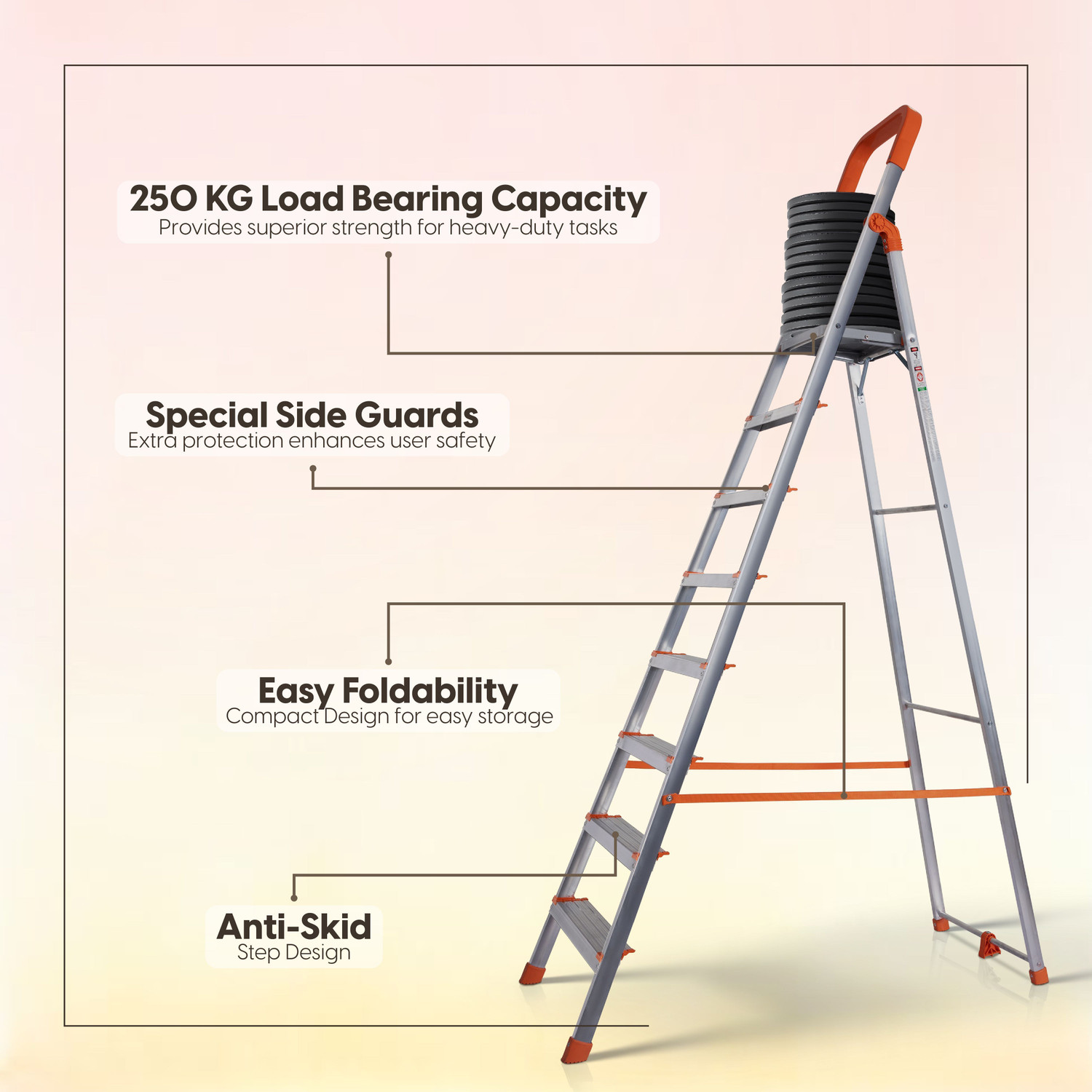 Image of ProHome 8 Steps Premium Heavy Platform Aluminum Ladder for Household with 5 Anti Skid shoes Aluminium Ladder