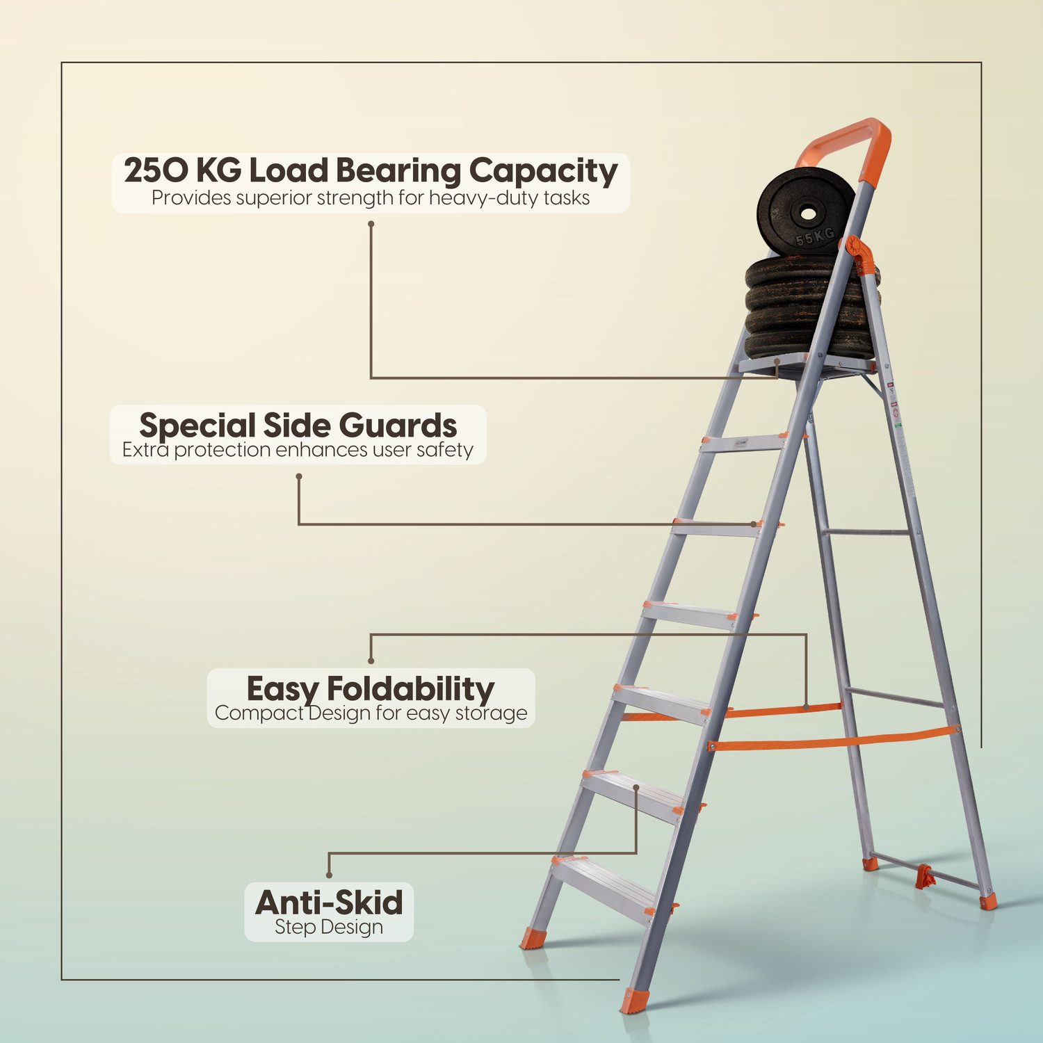 Image of ProHome 7 Steps Premium Heavy Platform Aluminum Ladder for Household with 5 Anti Skid shoes Aluminium Ladder