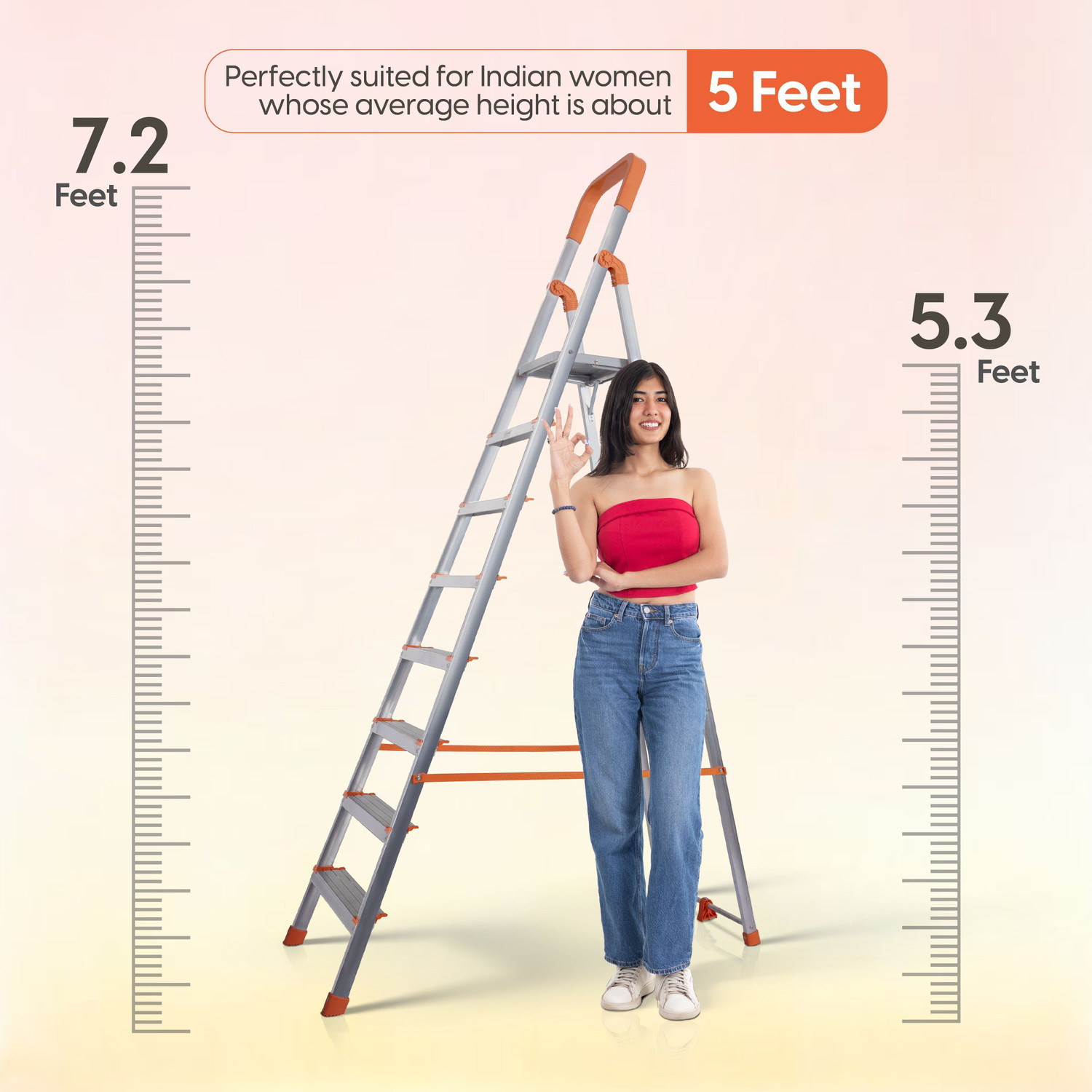 Image of ProHome 8 Steps Premium Heavy Platform Aluminum Ladder for Household with 5 Anti Skid shoes Aluminium Ladder