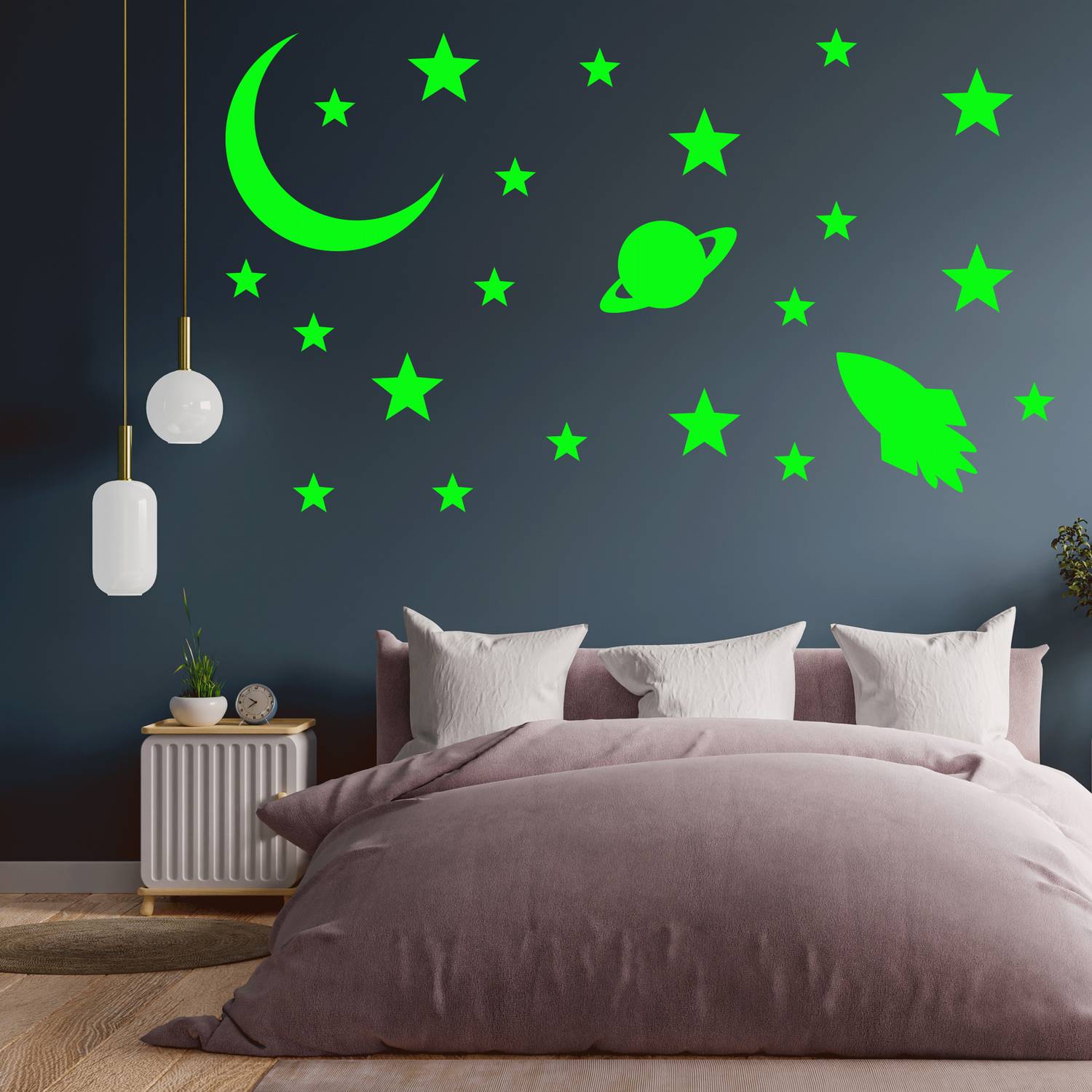 Ashamohar 29 cm Star Moon Themed Beautiful Medium Galaxy of Stars Radium Self Adhesive Sticker