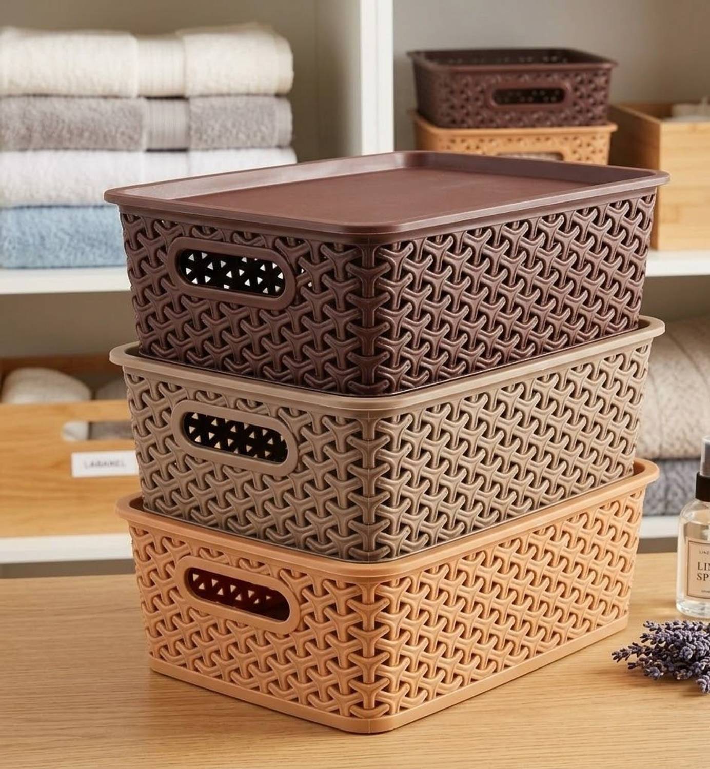 senoprime Storage Organizer Basket Set of 3 Plastic Boxes with Lid for Home Use Storage Box