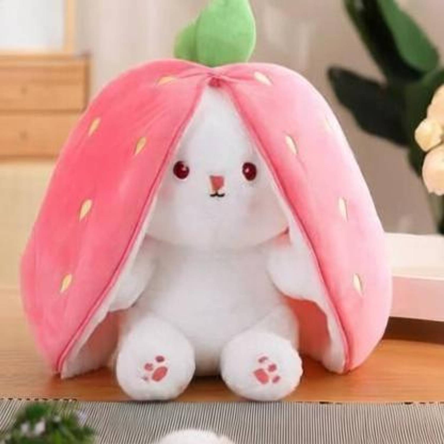 TWOLOVER Zipper Reversible Strawberry Bunny Soft Toy for Kids Playing Birthday Gift - 26 cm