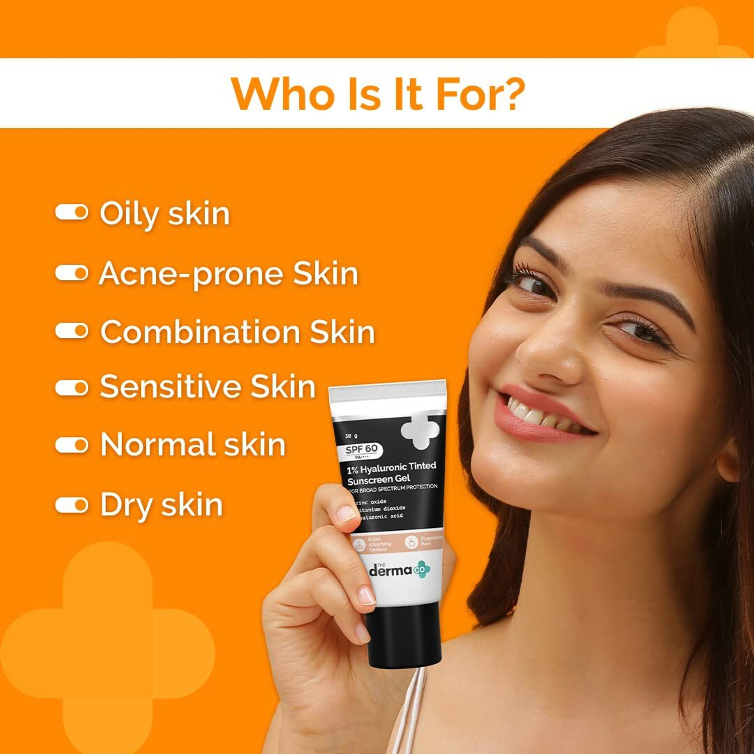 Image of The Derma Co Sunscreen - SPF 60 PA++++ 1% Hyaluronic Tinted Sunscreen SPF 60 Gel, PA++++, No White Cast, Lightweight (30 g)