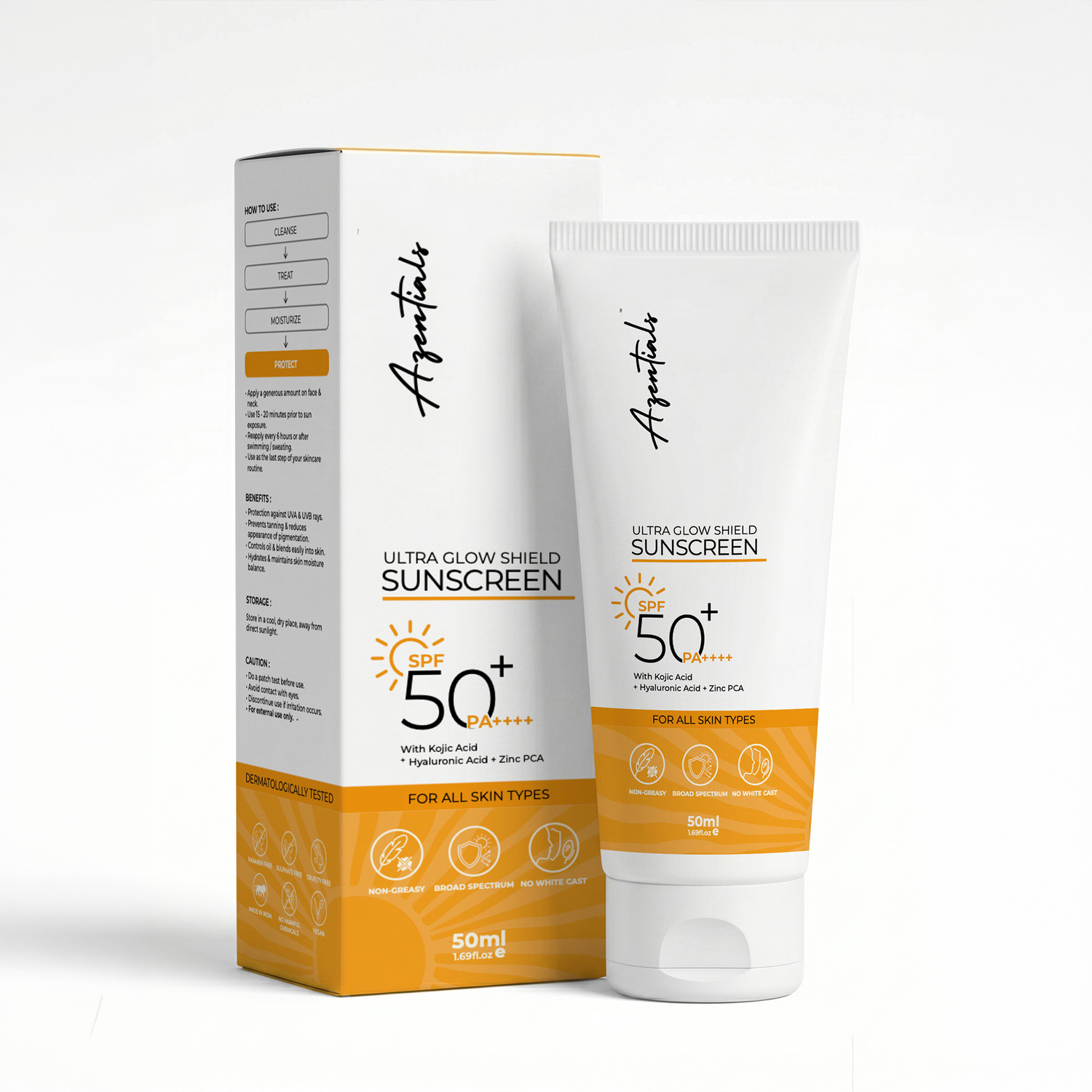 Azentials Sunscreen - SPF 50+ PA++++ Ultra Glow Shield Sunscreen With Hyaluronic Acid, Kojic Acid, Zinc PCA