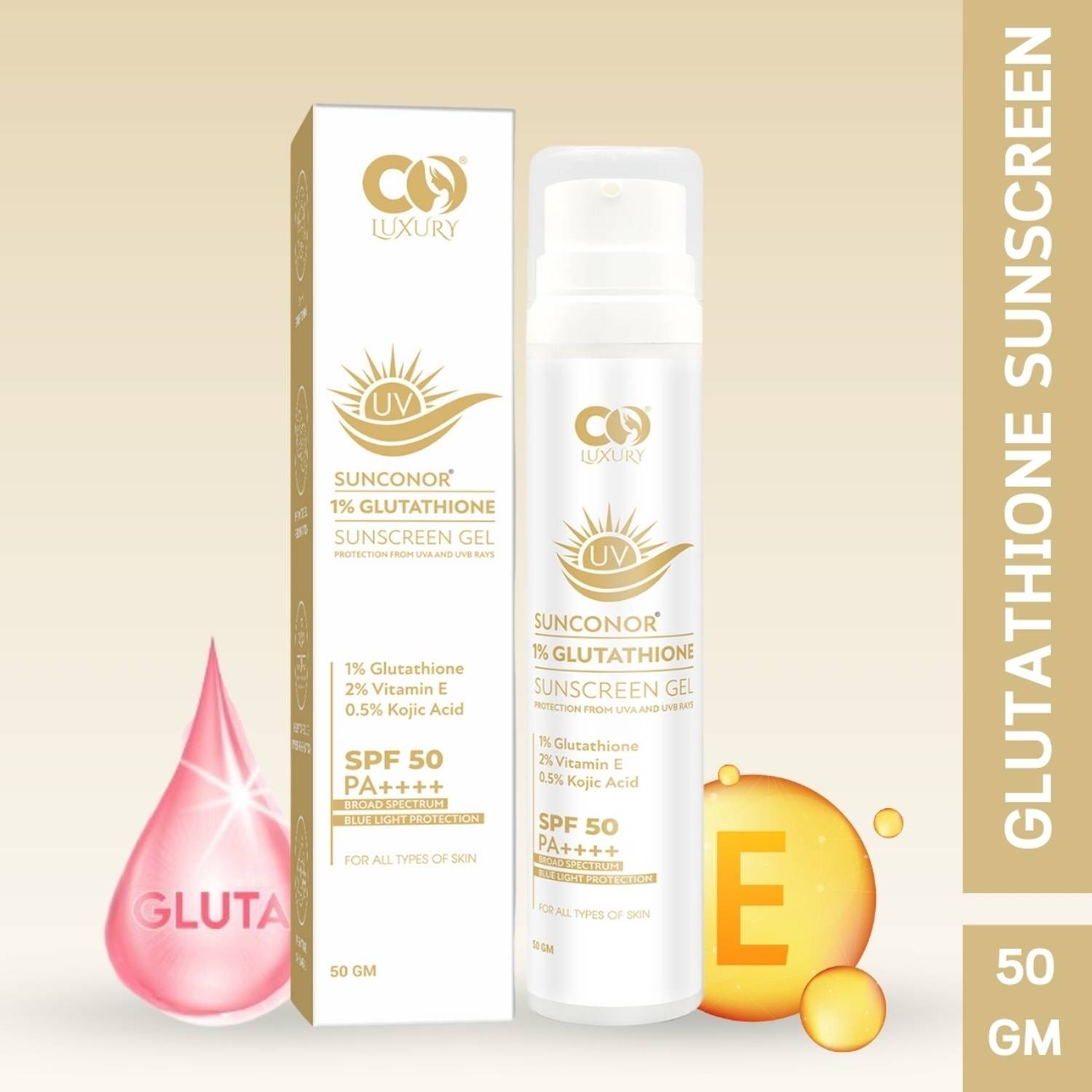 Co Luxury Sunscreen - SPF 50 PA++++ 1% Glutathione | Kojic Acid | No White Cast | Water Resistant | Sun Protection - Price in India, Buy Co Luxury Sunscreen