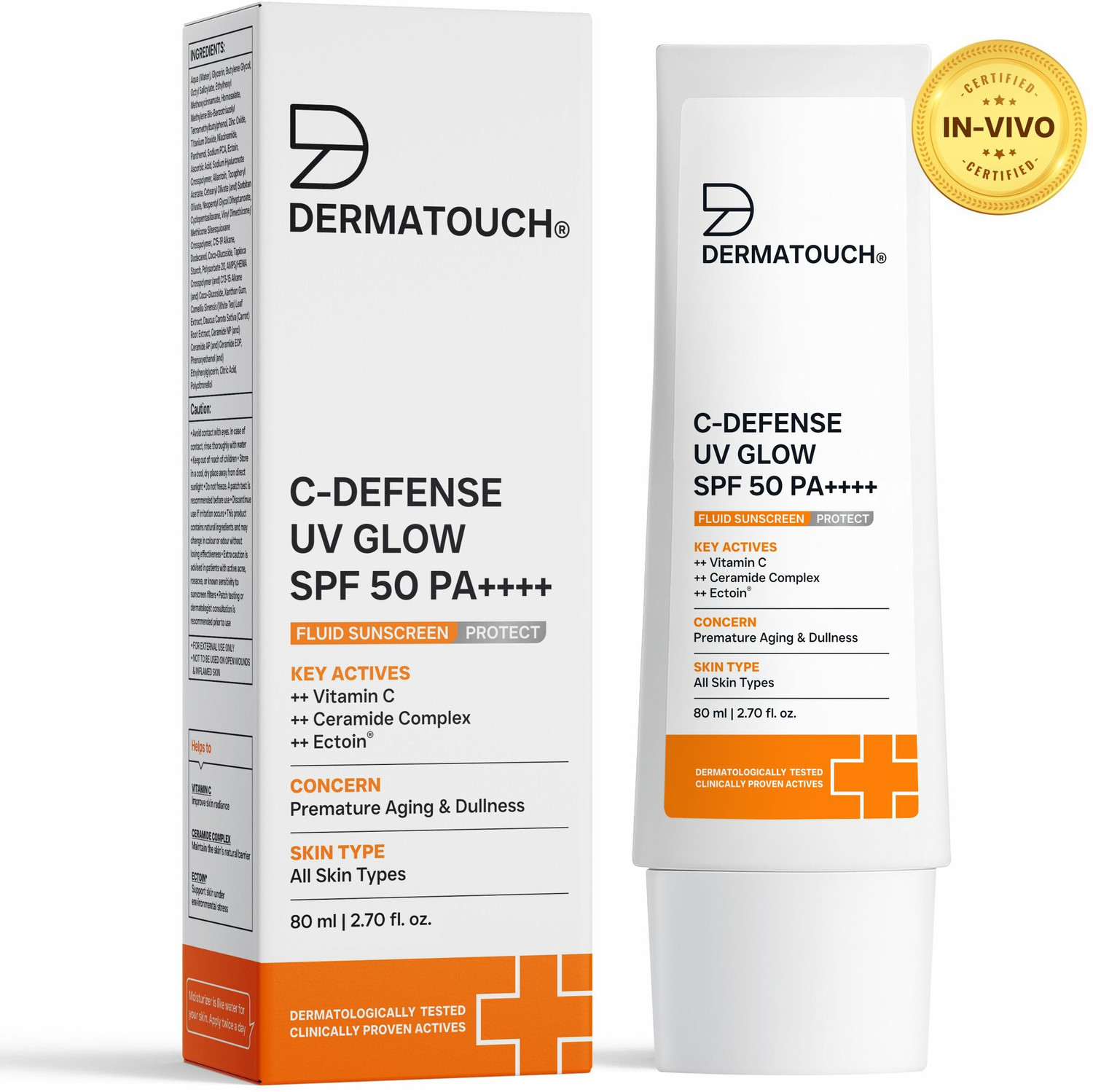 Image of Dermatouch Sunscreen - SPF 50 PA++++ C-DEFENSE UV GLOW Fluid Sunscreen|For Aging & Sunburn|In-Vivo & In-Vitro Tested|
