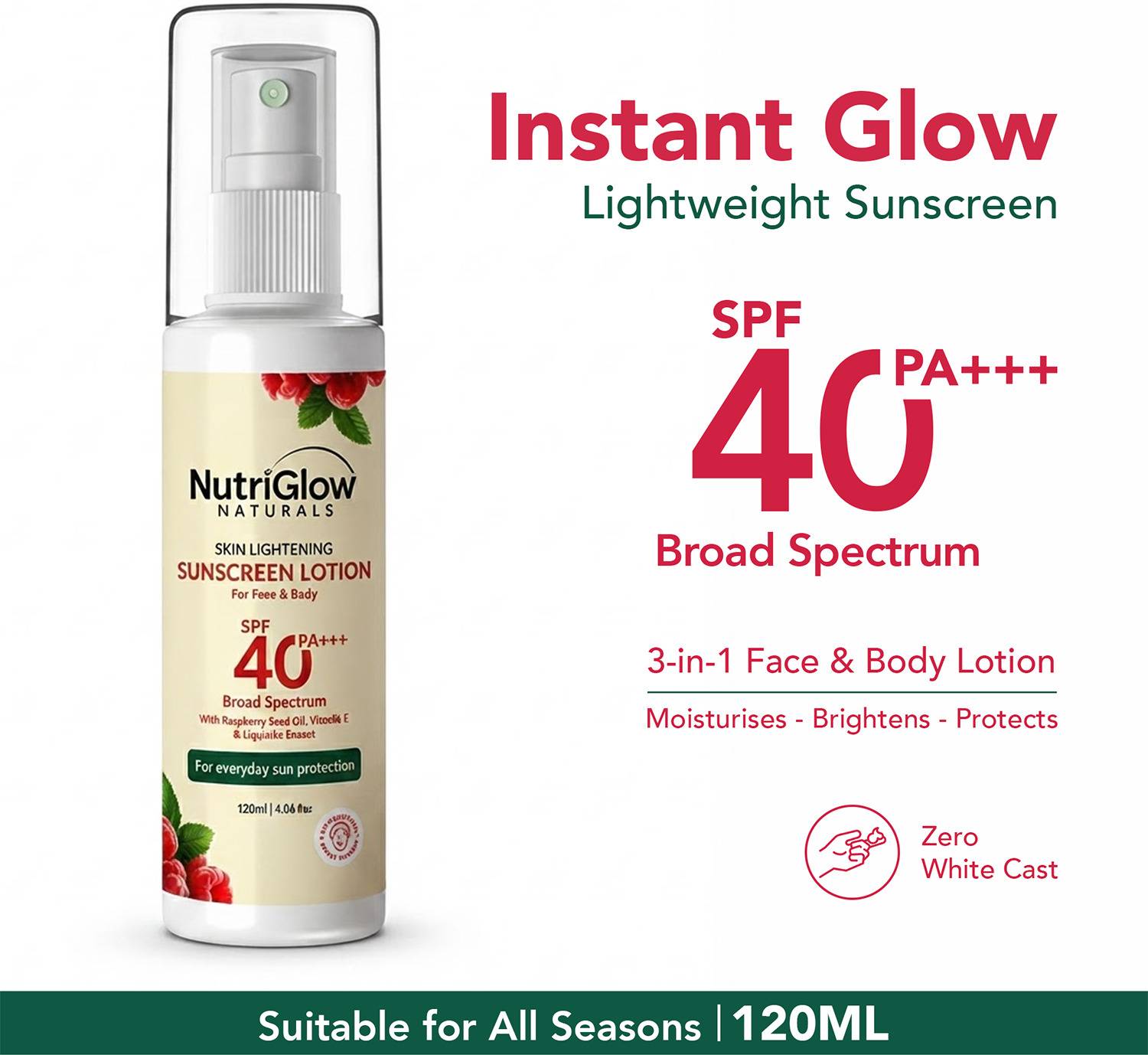 NutriGlow Sunscreen - SPF 40 PA+++ Liquorice No White Cast, Matte Tan Removal
