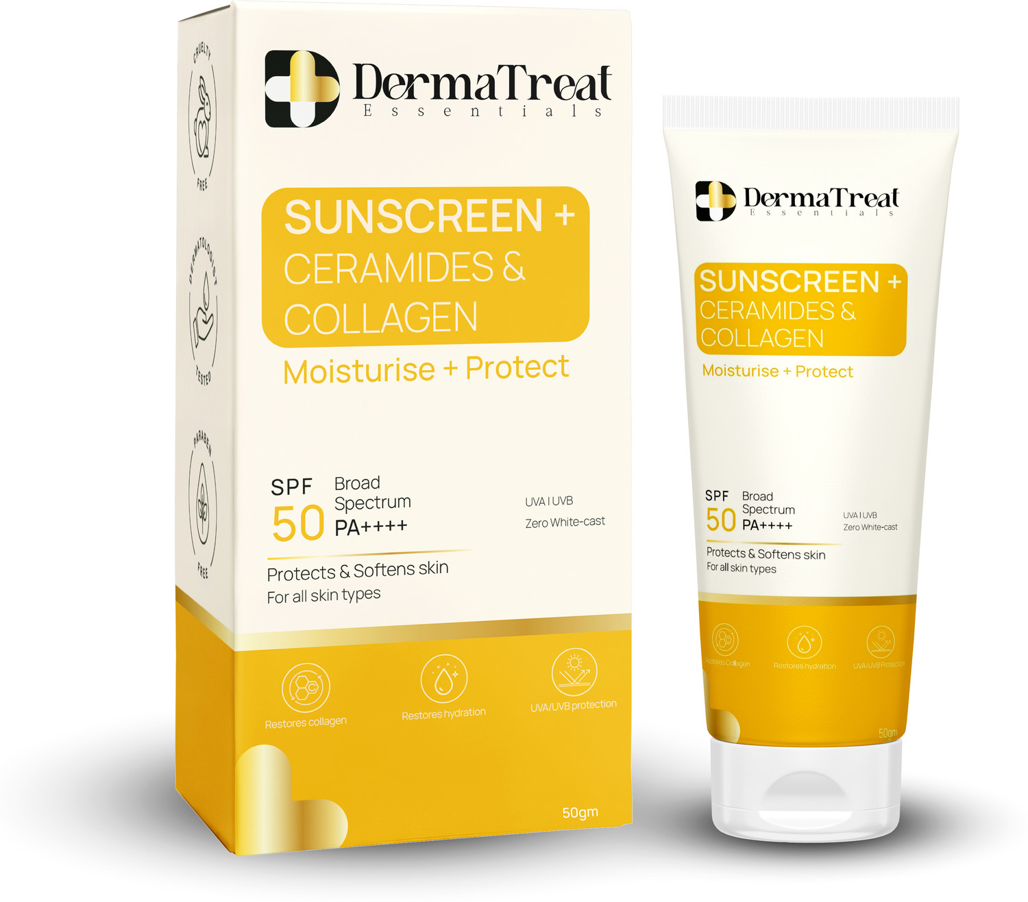 Image of DermaTreat Essentials Sunscreen - SPF 50 PA++++ Moisturizer, Smooth Skin & No White Cast