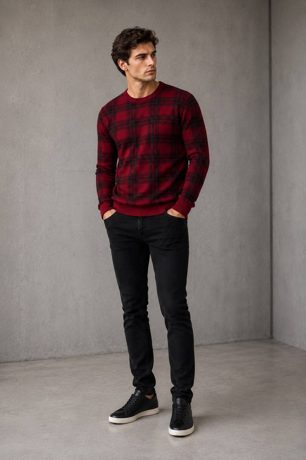 Image of METRONAUT Checkered Round Neck Casual Men Red, Black Sweater