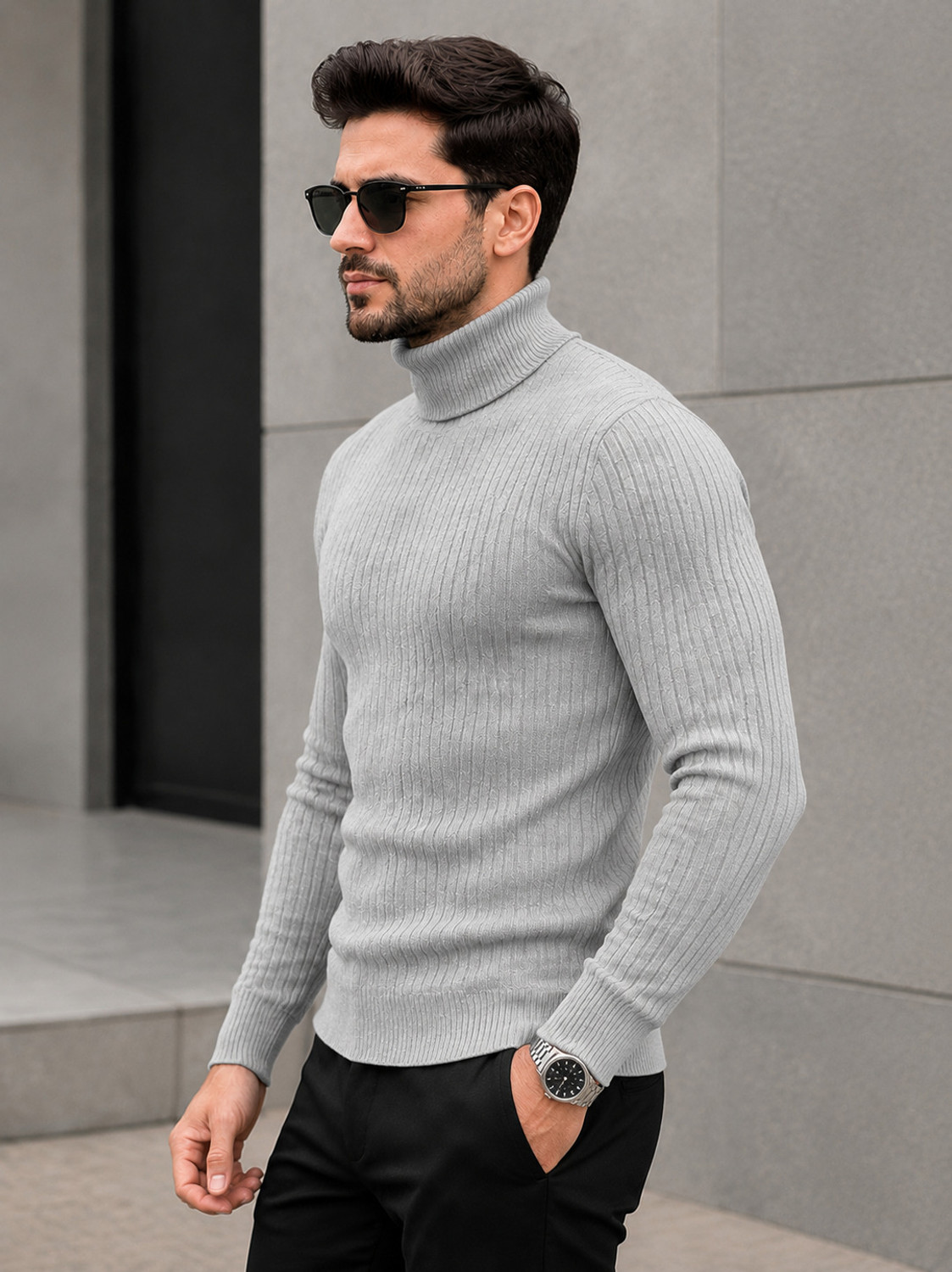 Image of Mack Jonney Men Self Design High Neck Grey Sweater