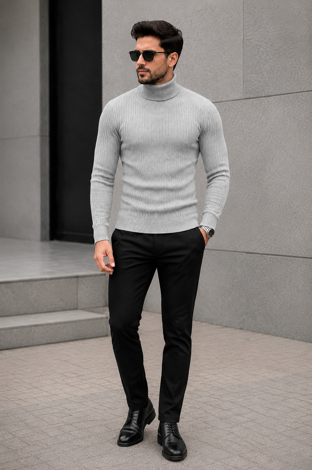 Image of Mack Jonney Men Self Design High Neck Grey Sweater
