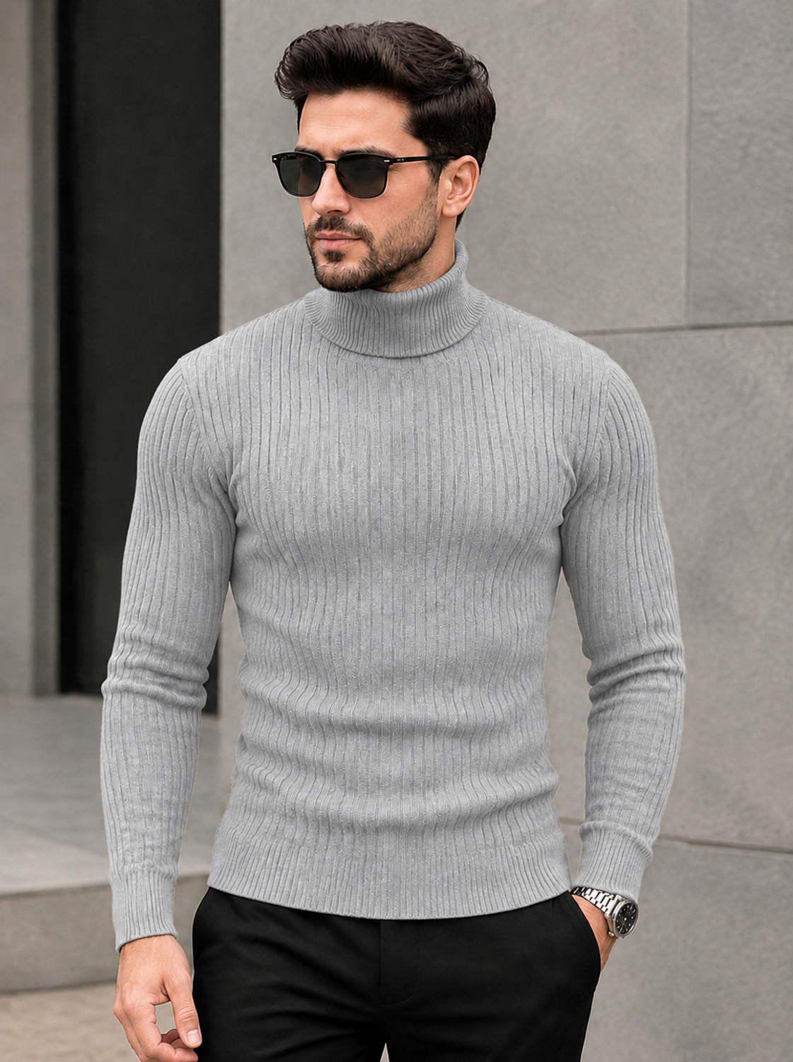 Image of Mack Jonney Men Self Design High Neck Grey Sweater