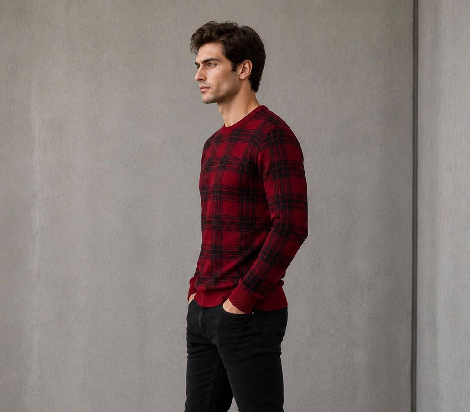 Image of METRONAUT Checkered Round Neck Casual Men Red, Black Sweater