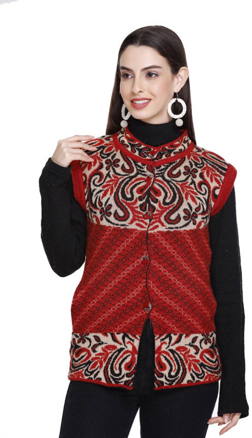 Afronaut Printed Round Neck Casual Women Red Sweater