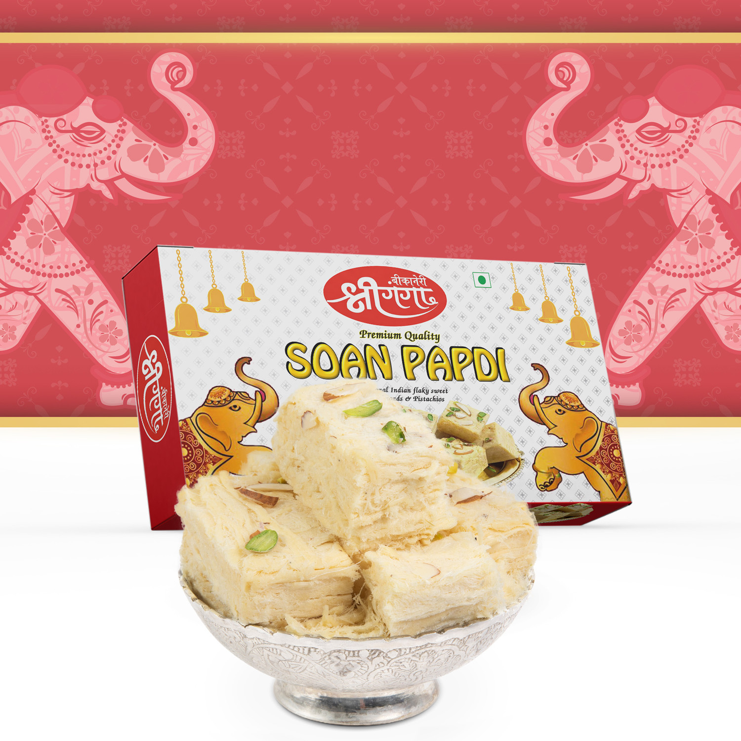 Image of Bikaneri Shree Ganga Soft and Flaky Soan Papdi,1.2Kg Delicious Traditional Bikaneri Sweet, Mithai Box