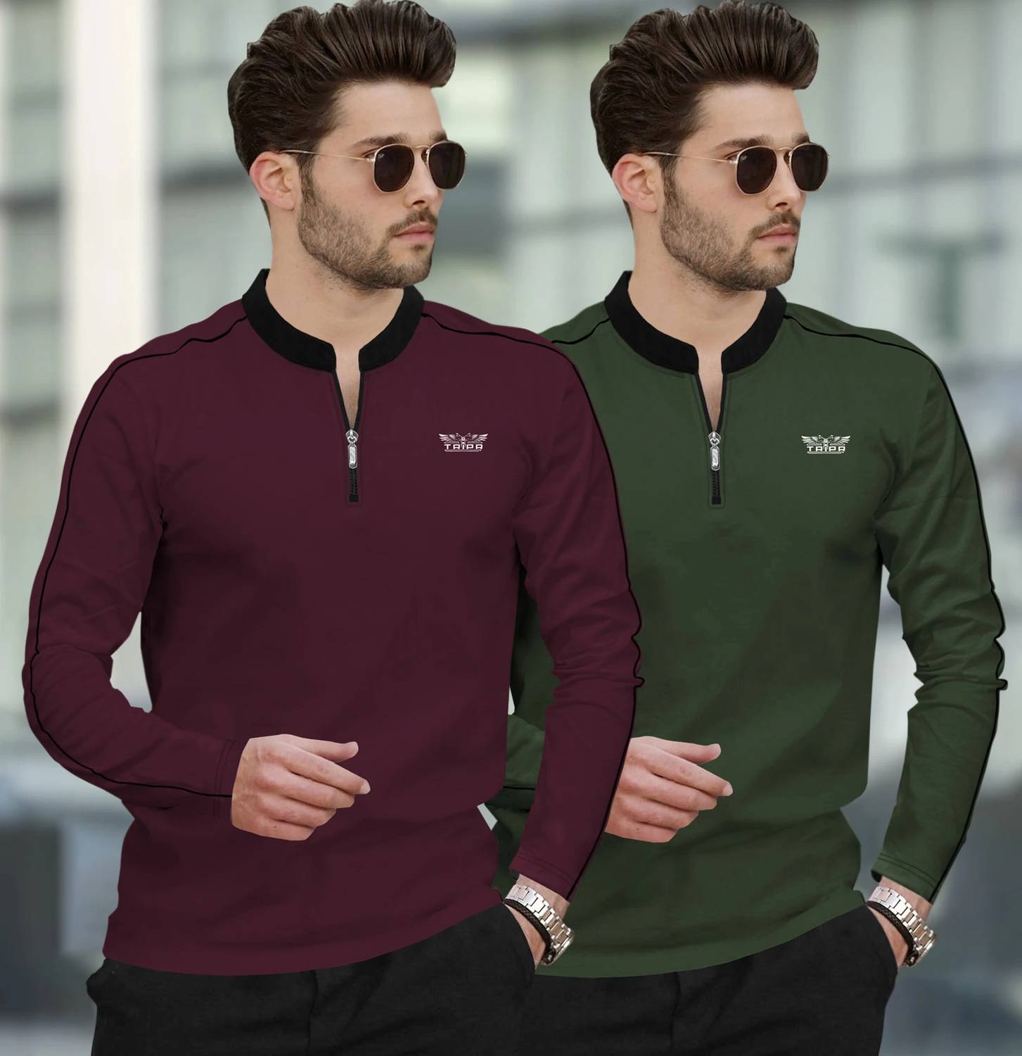 TRIPR Pack of 2 Men Solid Mandarin Collar Cotton Blend Maroon, Da
