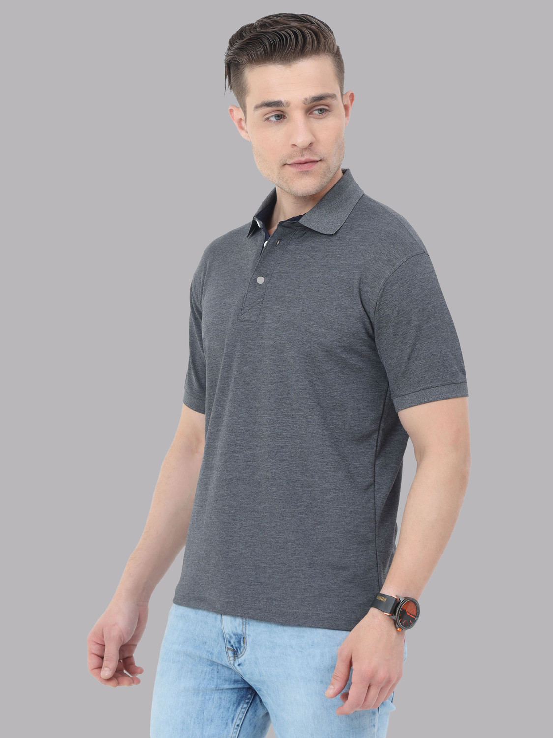 Image of VROJASS Solid Men Polo Neck Grey T-Shirt