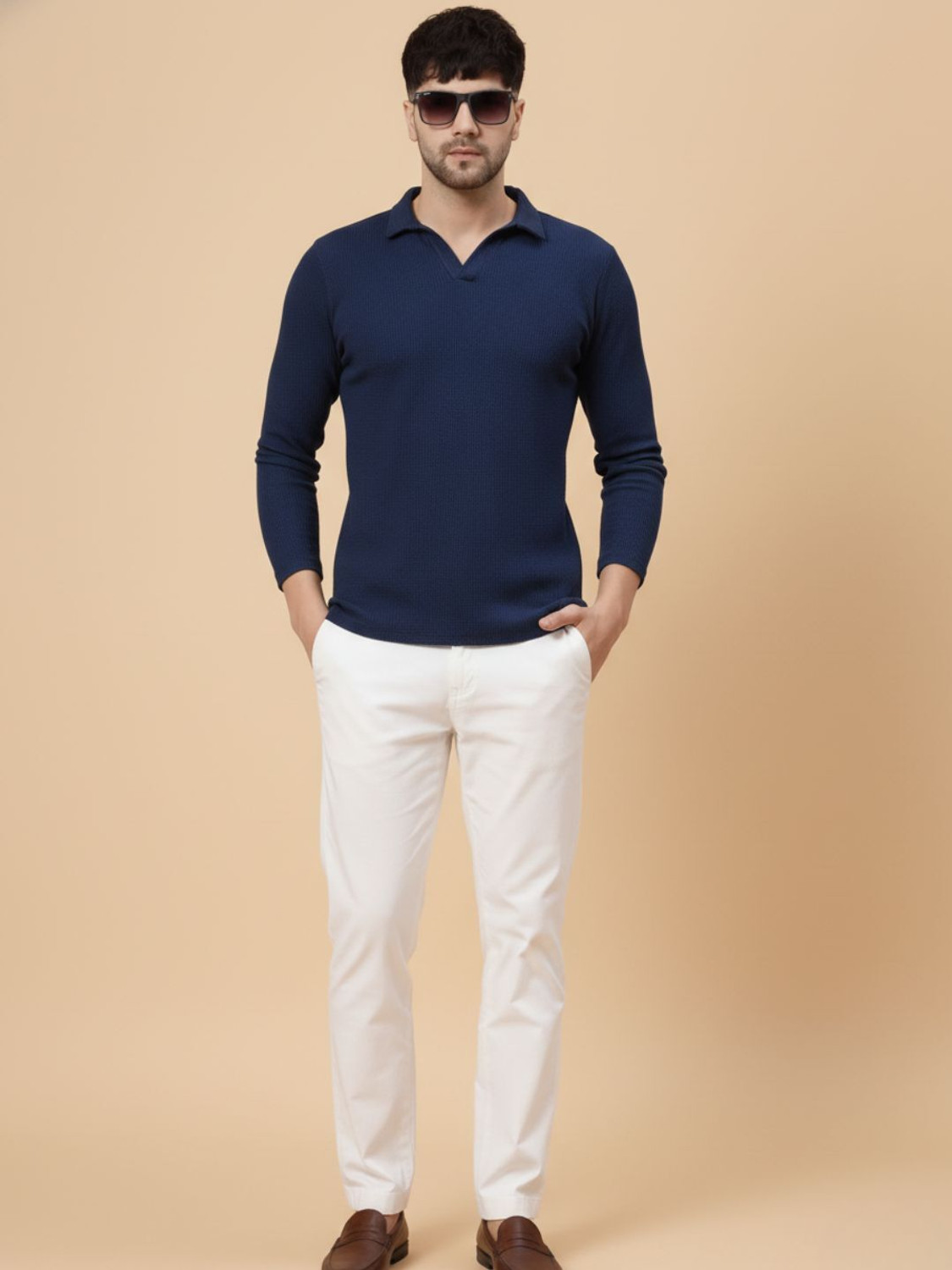 Image of RIGO Self Design Men Polo Neck Navy Blue T-Shirt