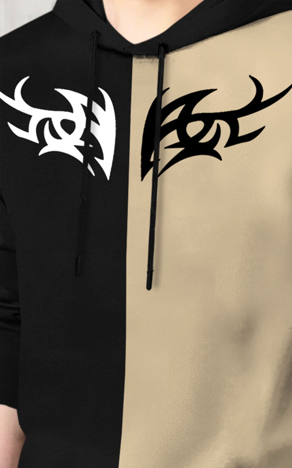 Image of BLIVE Printed Men Hooded Neck Black, Beige T-Shirt
