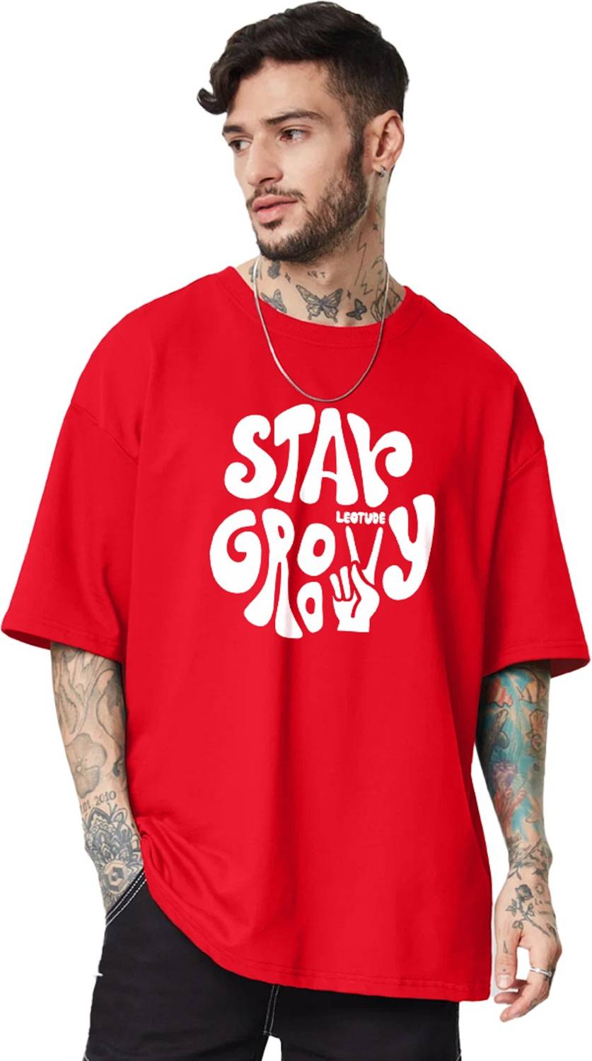 Leotude Men Printed Round Neck Cotton Blend Red T-Shirt