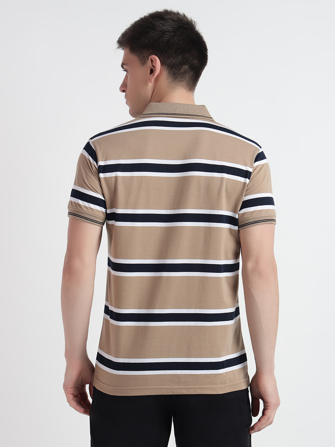 Image of UNIBERRY Striped Men Polo Neck Beige T-Shirt
