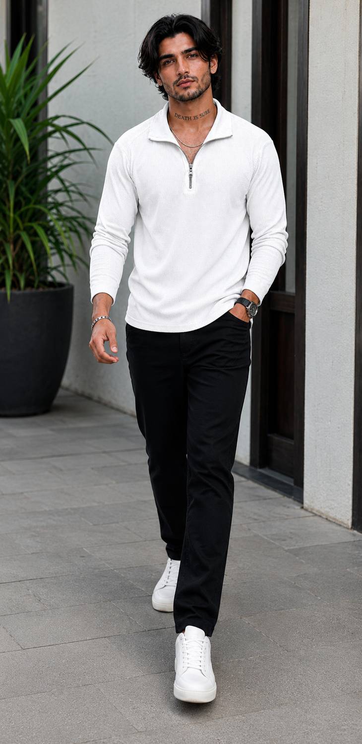 NOOK Solid Men Polo Neck White T-Shirt - Image 4
