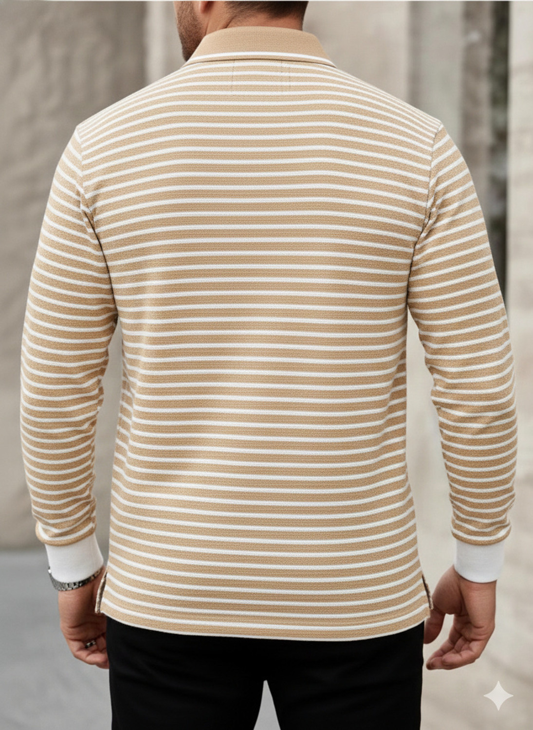 Image of METRONAUT Striped Men Polo Neck Beige T-Shirt