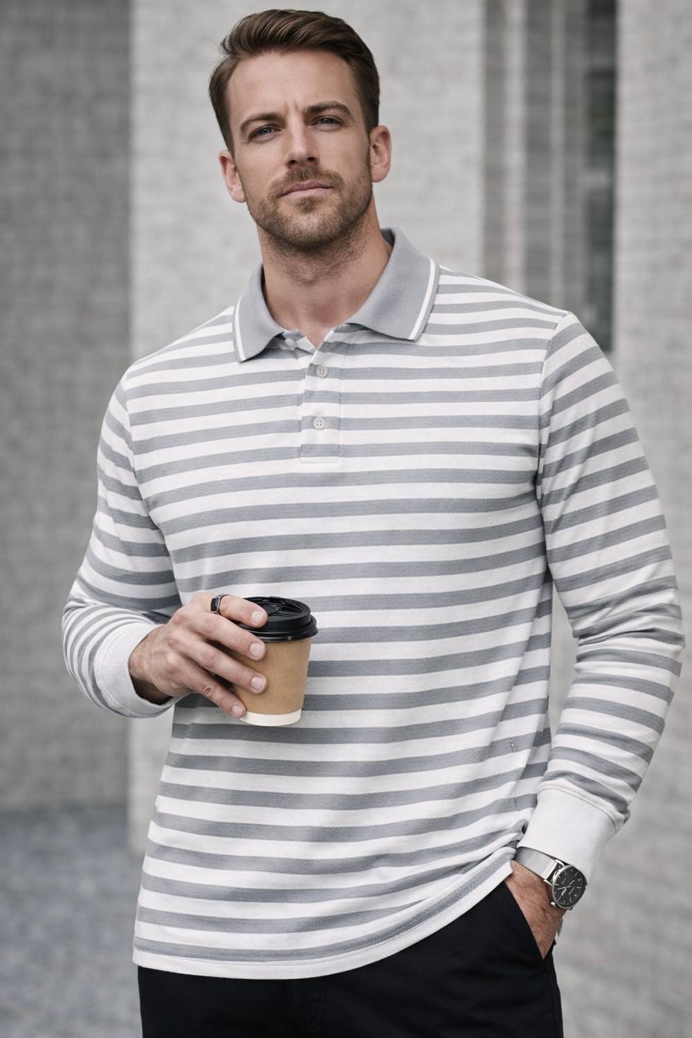 MACK JONNEY Striped Grey Polo Neck T-Shirt - Image 4