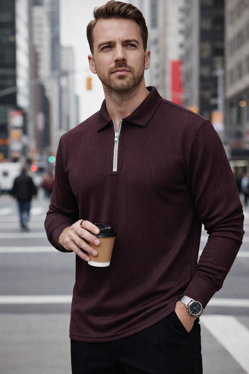 Image of METRONAUT Solid Men Zip Neck Maroon T-Shirt