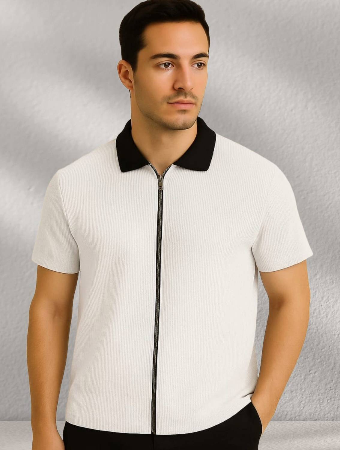 Starvy Solid Men Zip Neck White T-Shirt
