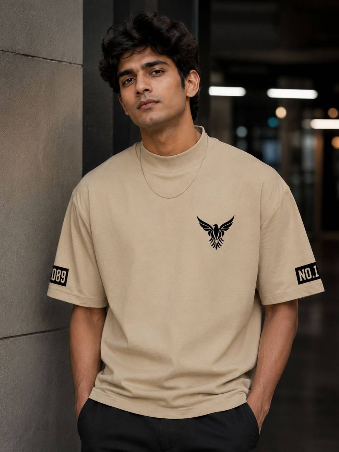AKWINGS Graphic Print Men's Beige Round Neck T-Shirt