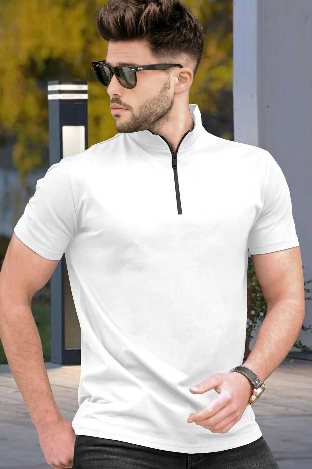 TRIPR Men Solid Mandarin Collar Cotton Blend White T-Shirt