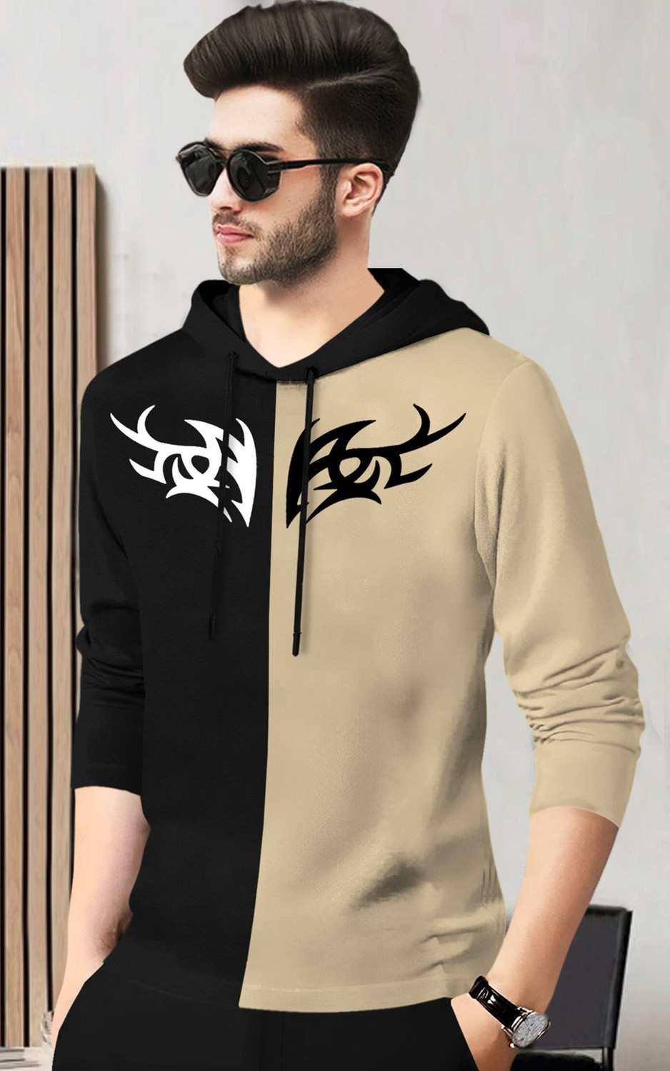 Image of BLIVE Printed Men Hooded Neck Black, Beige T-Shirt