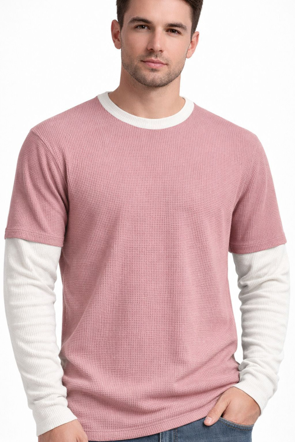Image of AZIZAN Solid Men Crew Neck Pink T-Shirt
