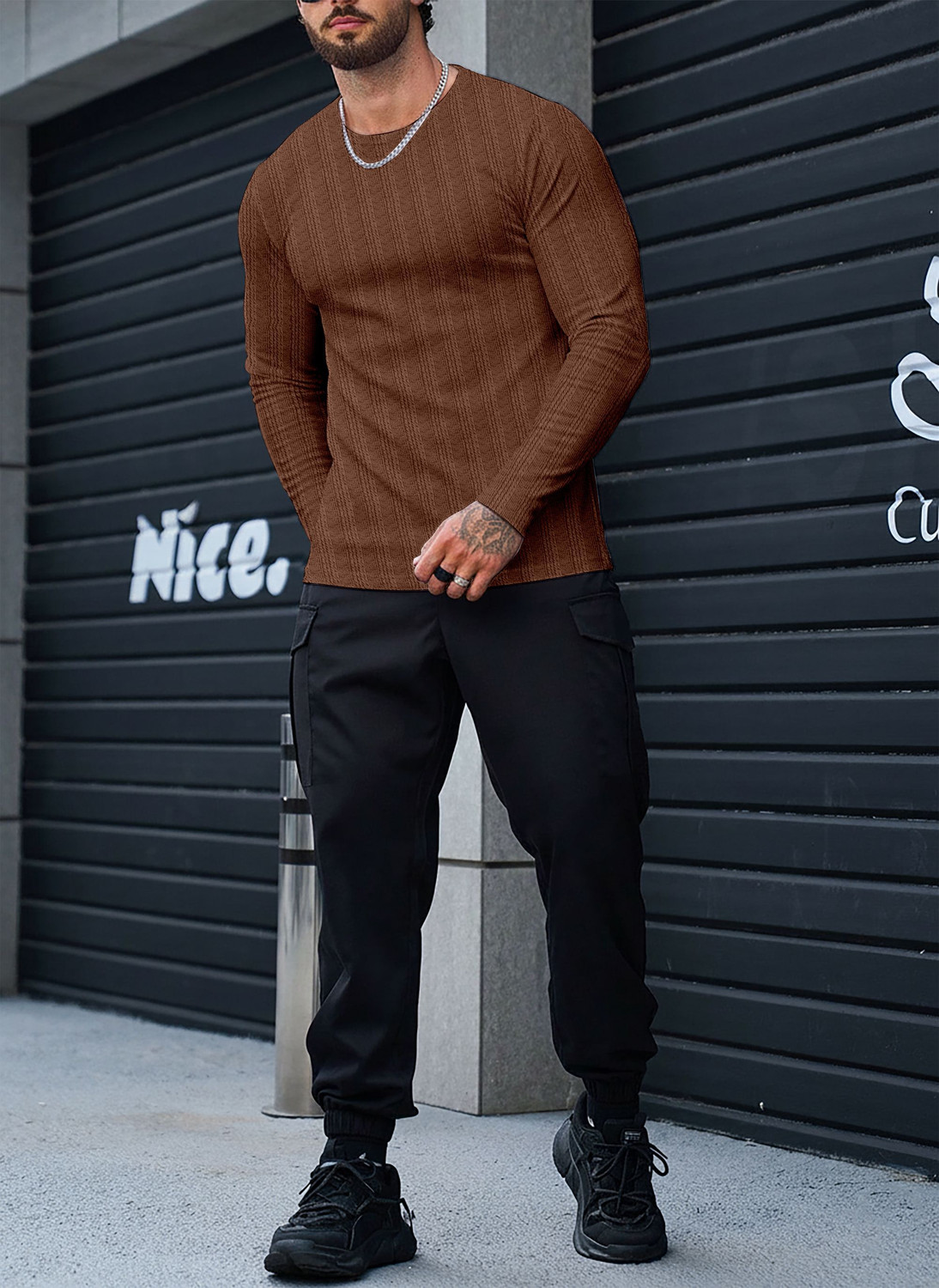 Image of COMBRAIDED Self Design Men Round Neck Brown T-Shirt