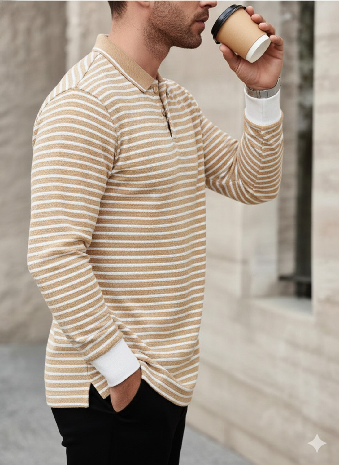 Image of METRONAUT Striped Men Polo Neck Beige T-Shirt