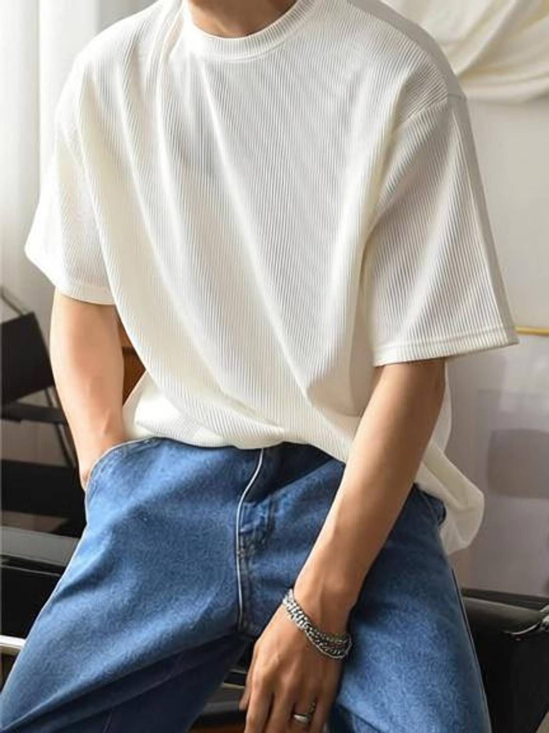 RUNNING MACHINE Men's Striped White Round Neck T-Shirt