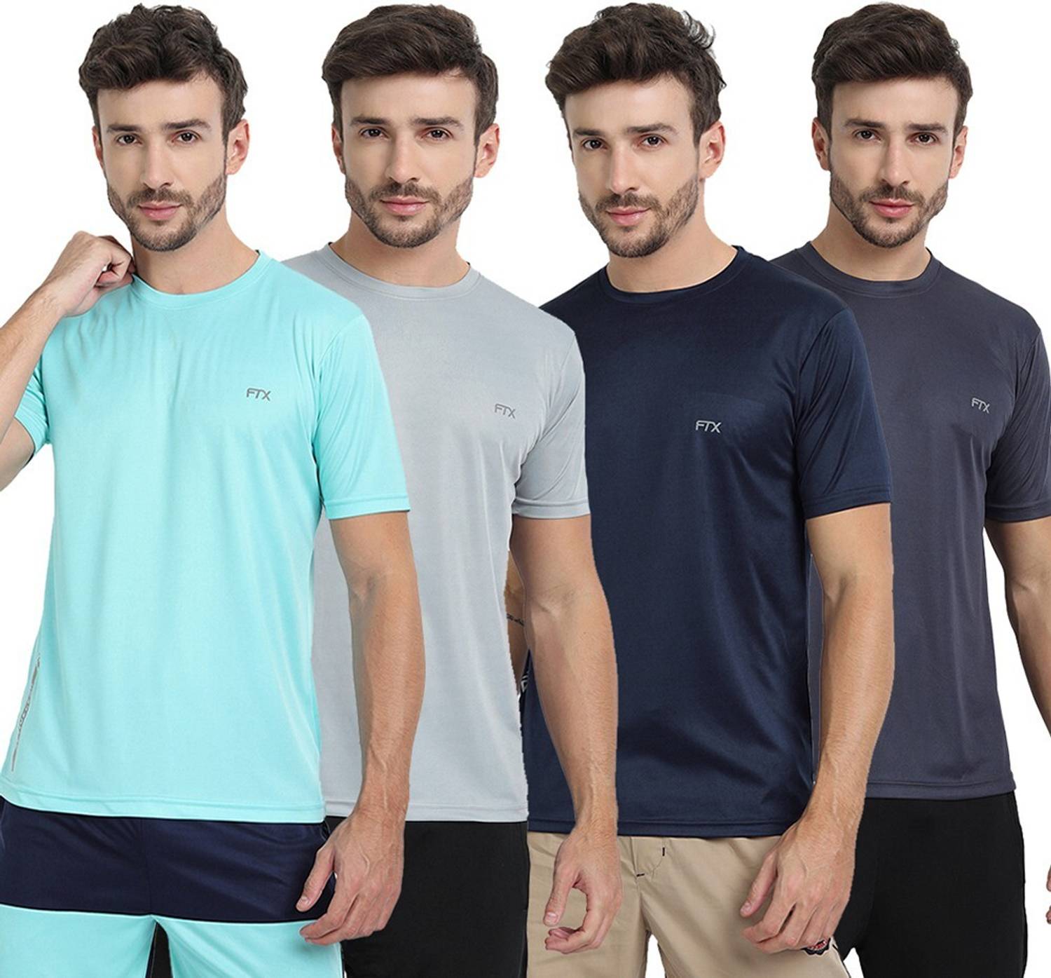 FTX Pack of 4 Men Solid Round Neck Polyester Multicolor T-Shirt