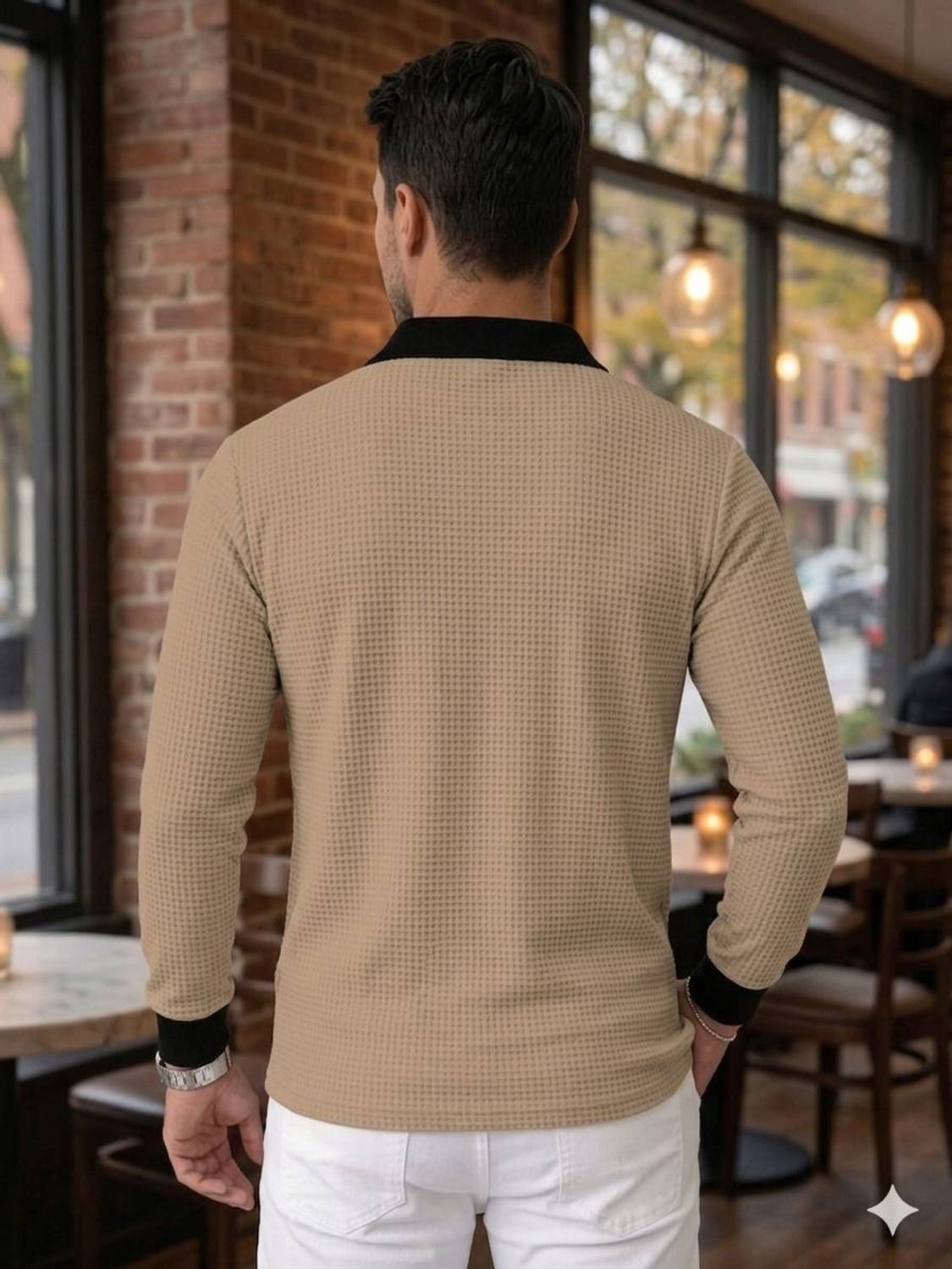 AZIZAN Men Beige Polo Neck T-Shirt - Image 2