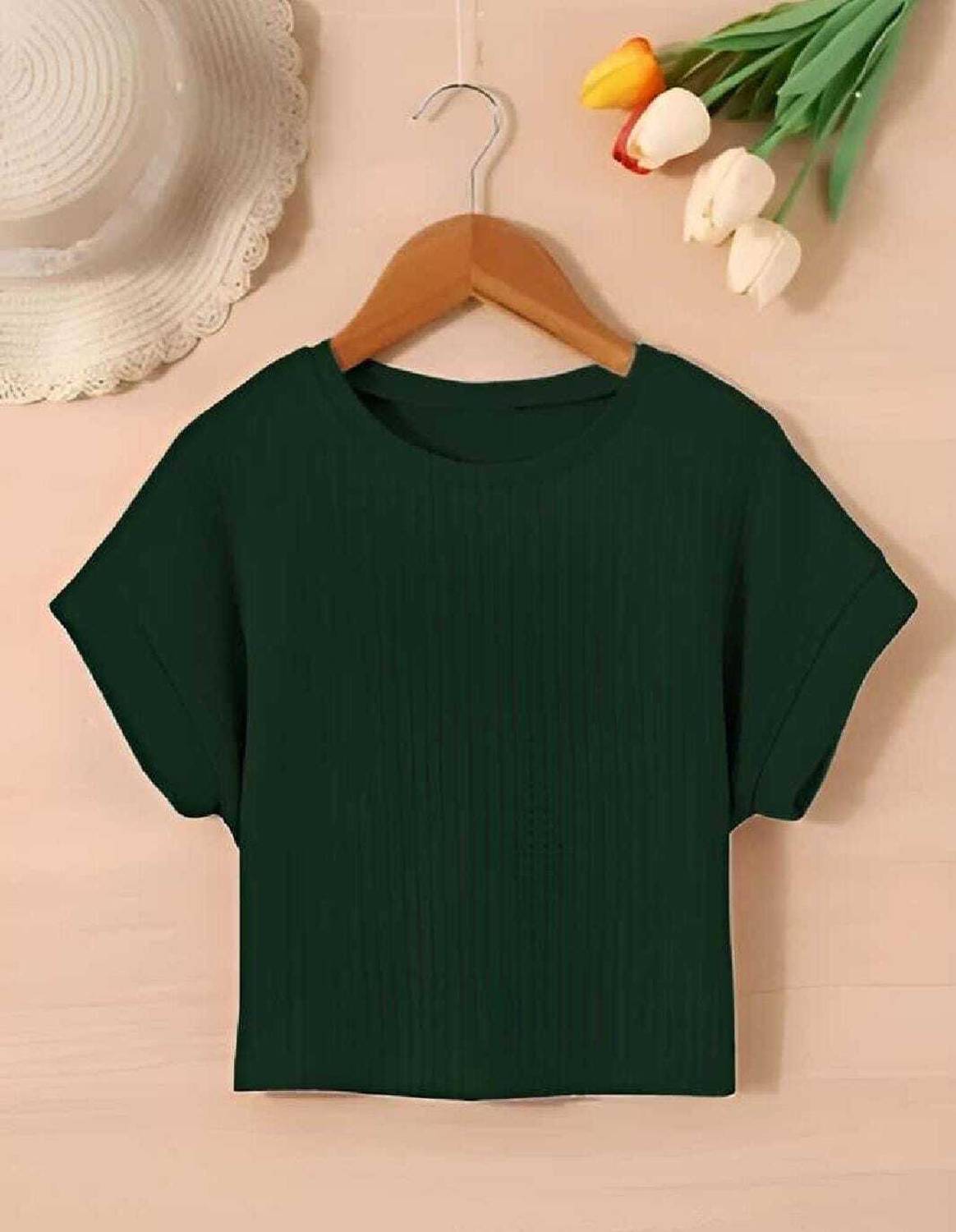 RKK COLLECTION Self Design Women Round Neck Green T-Shirt