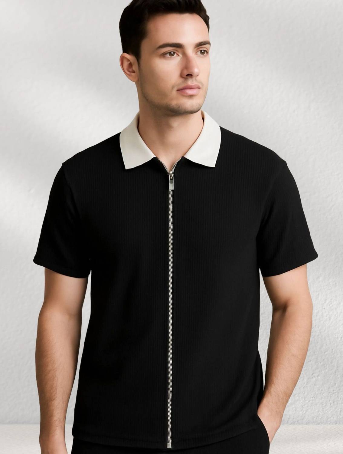 Starvy Solid Men Zip Neck Black T-Shirt