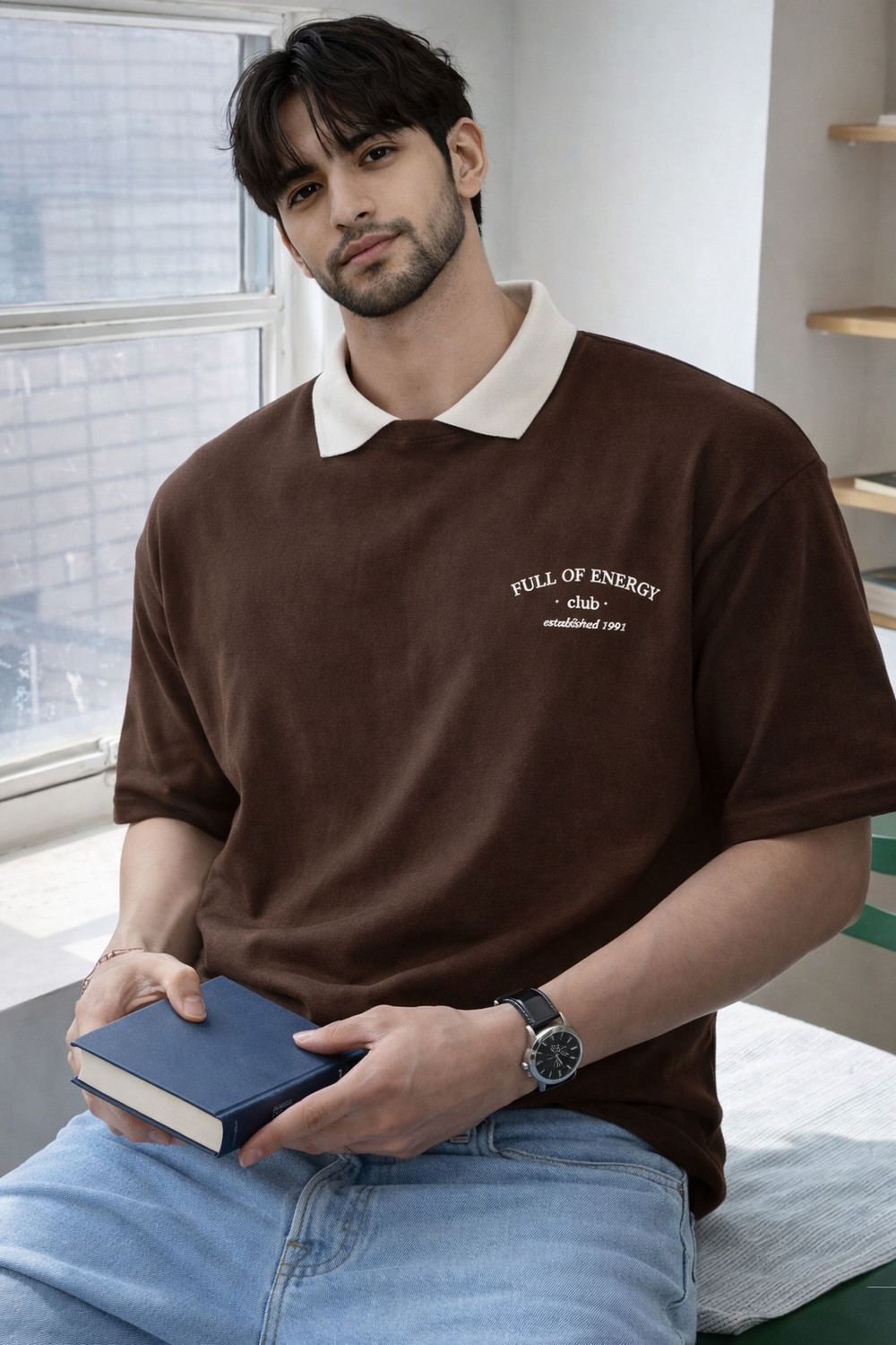 Image of TrendsTalk Solid, Printed Men Polo Neck Brown T-Shirt