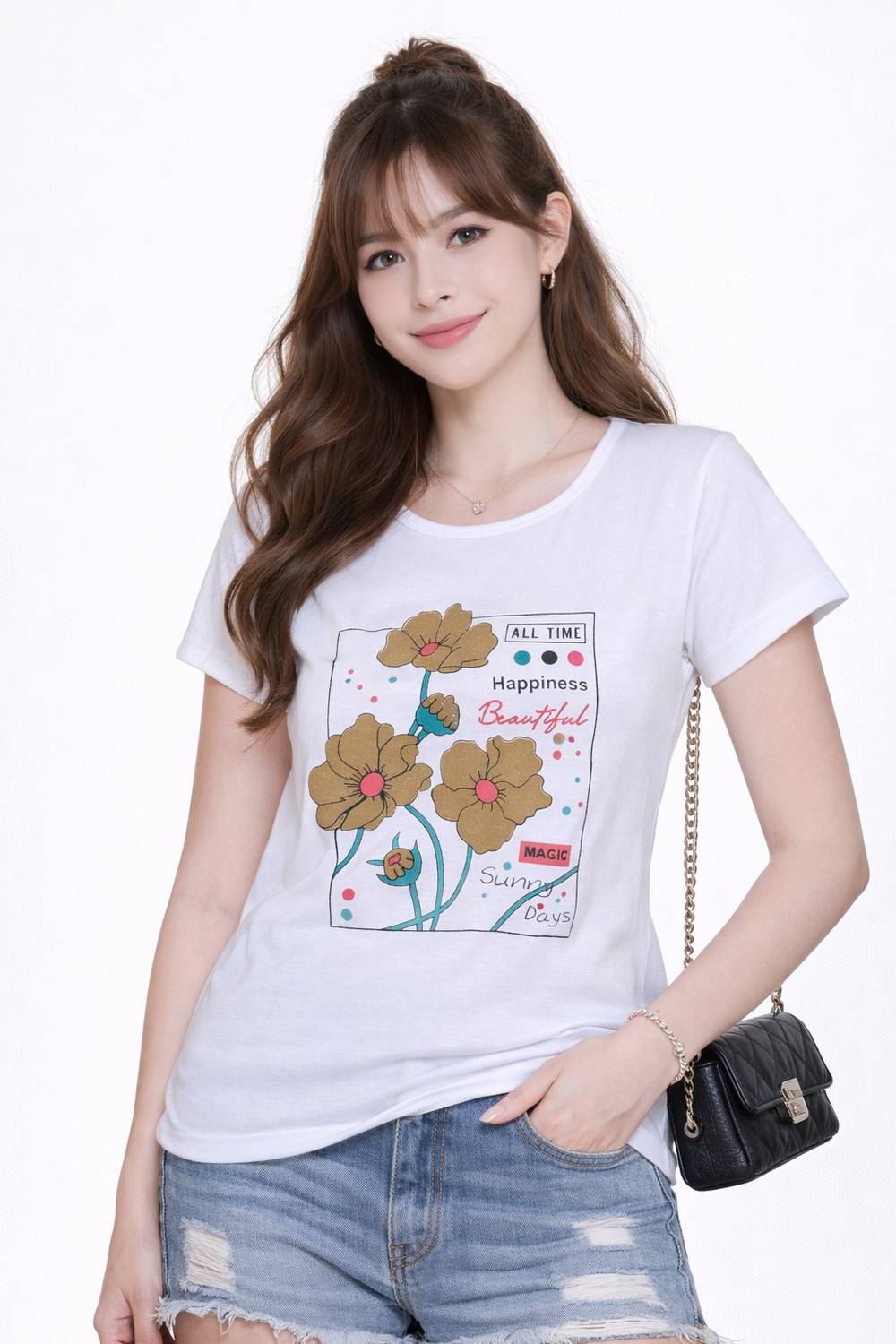Basis Printed Women Round Neck White T-Shirt