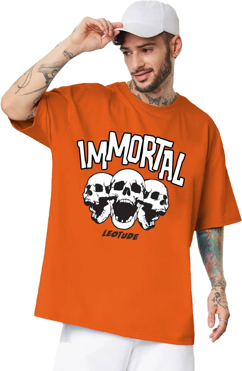 Leotude Men Printed, Typography Round Neck Cotton Blend Orange T-