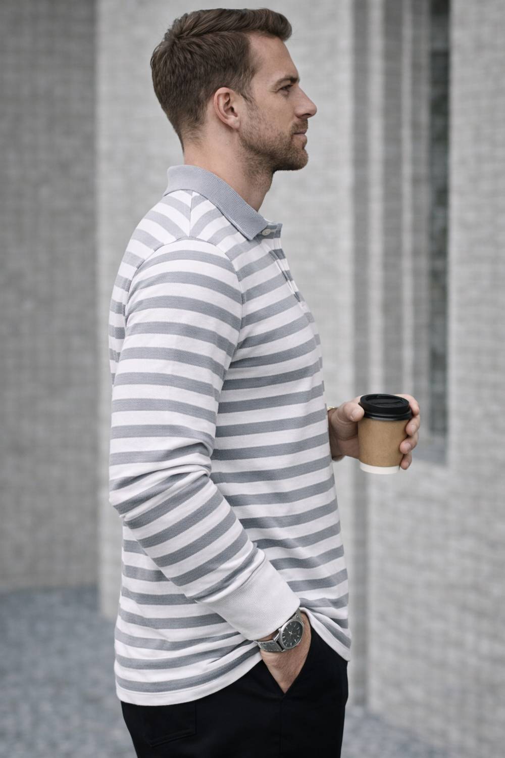 MACK JONNEY Striped Grey Polo Neck T-Shirt - Image 2