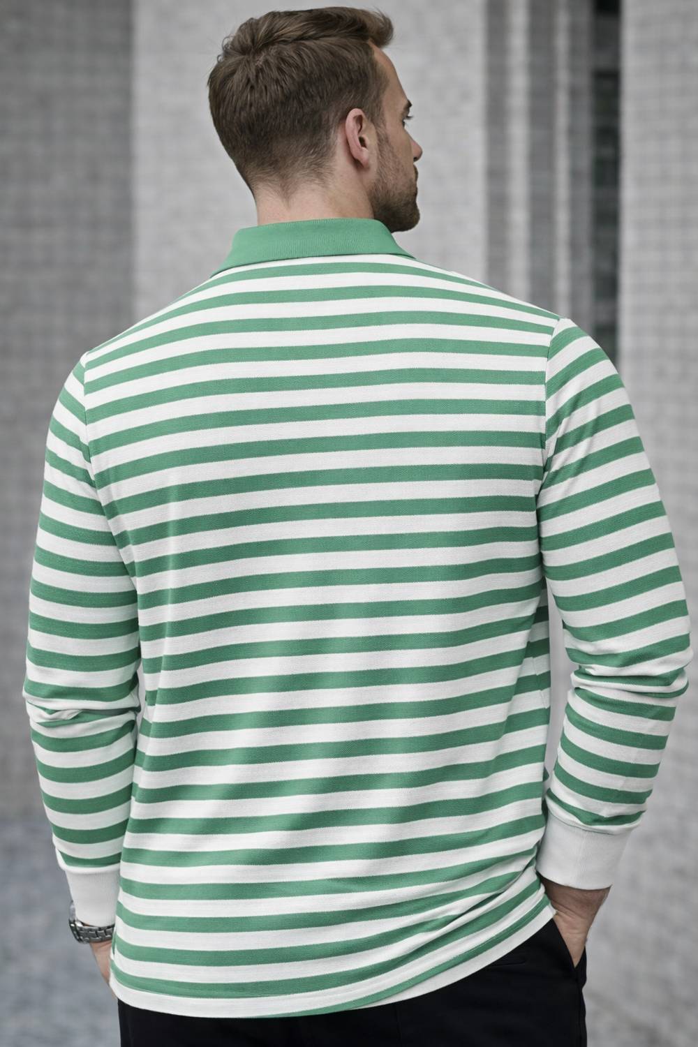 MACK JONNEY Green Striped Polo Neck T-Shirt - Image 4