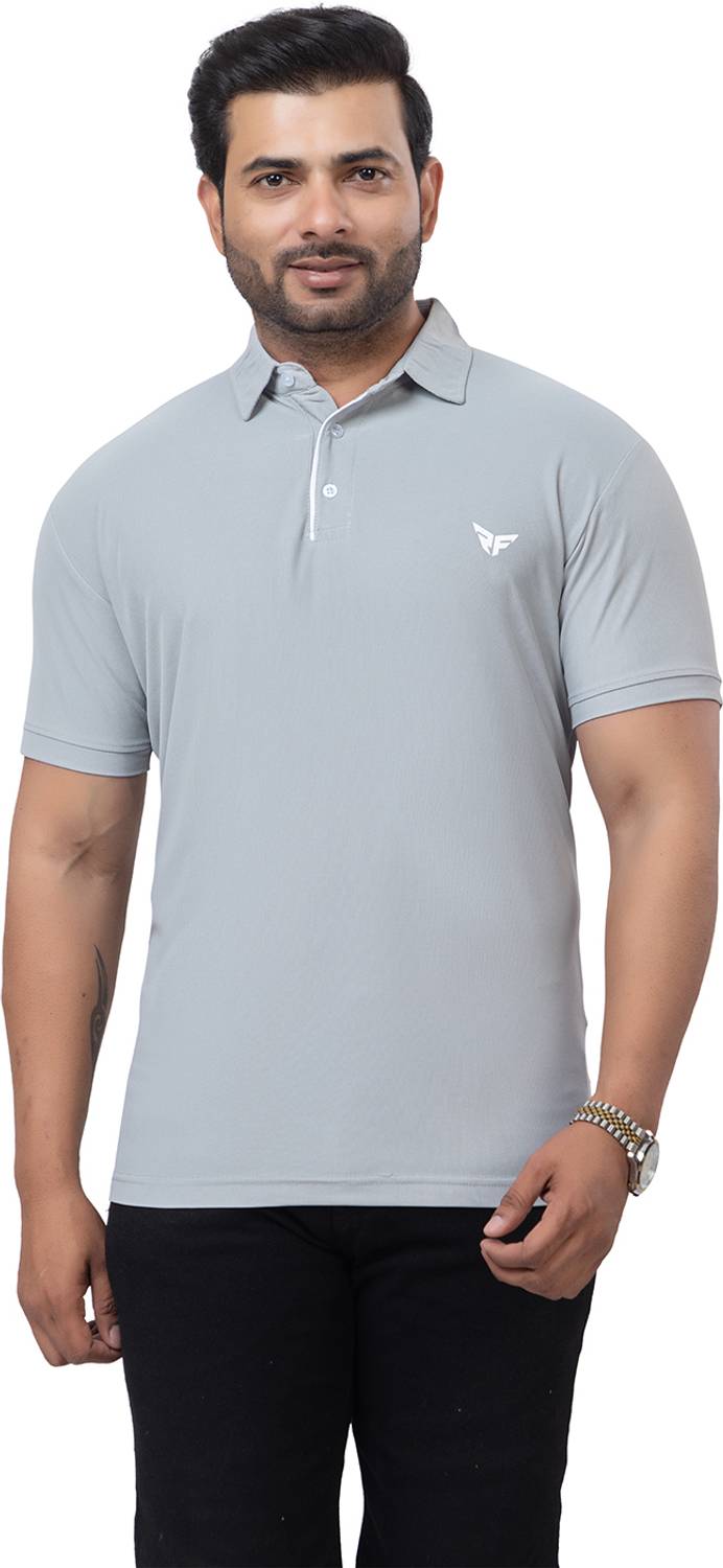 redfort Men Solid Polo Neck Cotton Blend Silver T-Shirt