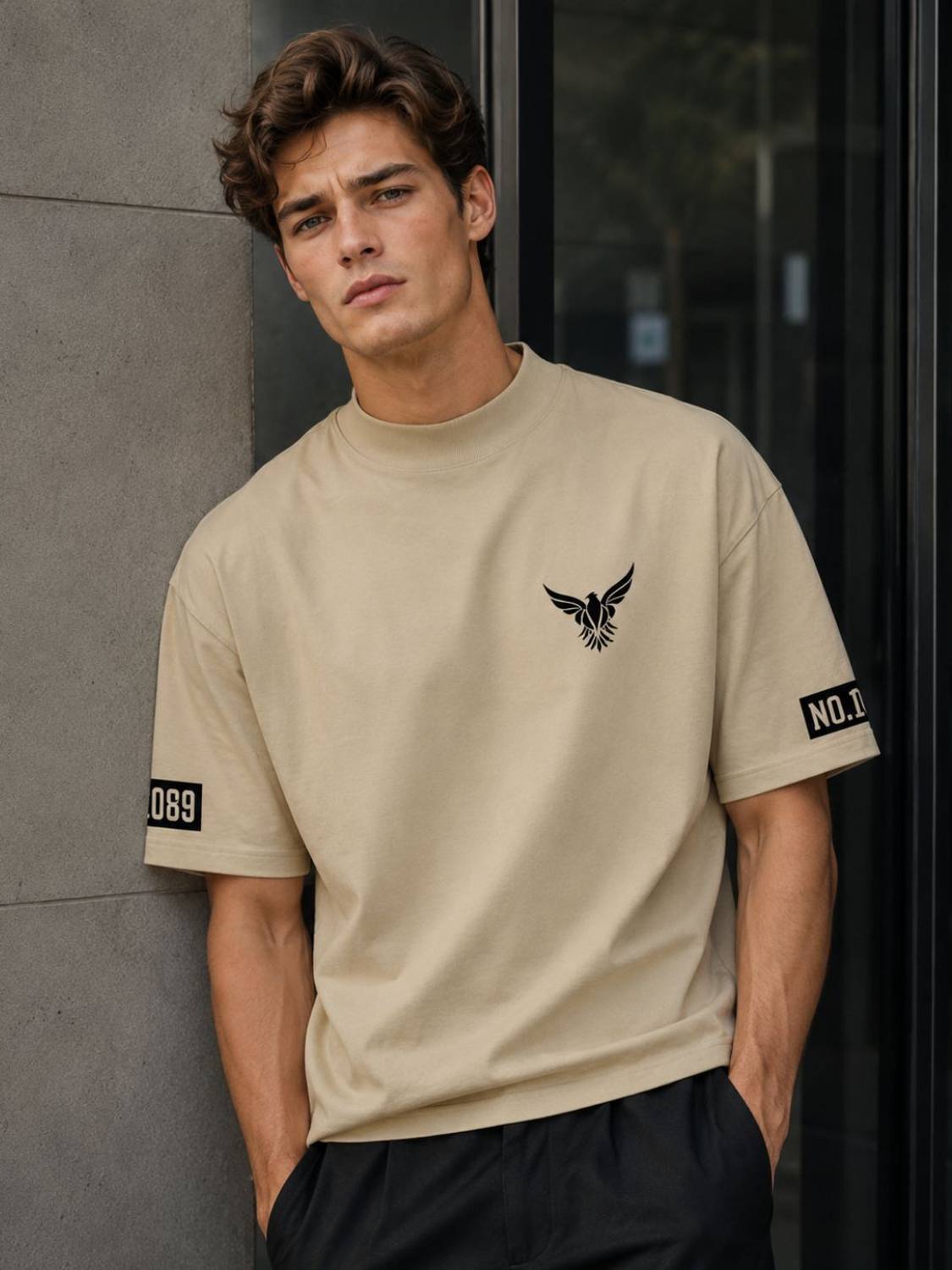AKWINGS Typography, Geometric Print Men Round Neck Beige T-Shirt