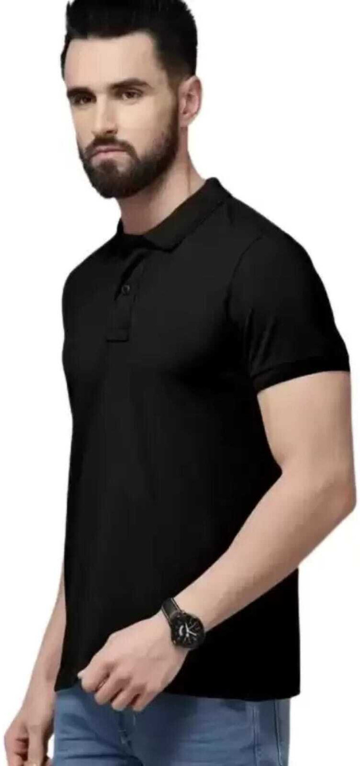 Image of balker merka Solid Men Polo Neck Black T-Shirt